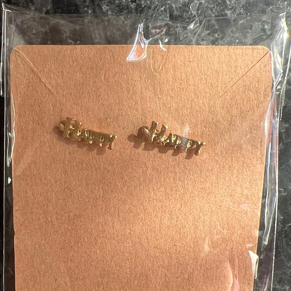 Girl’s gold stud “Happy” earrings